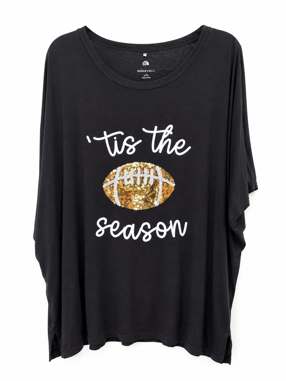 Marleylilly “’Tis the Season” Sequin Football Dolman Top | Black | L/XL